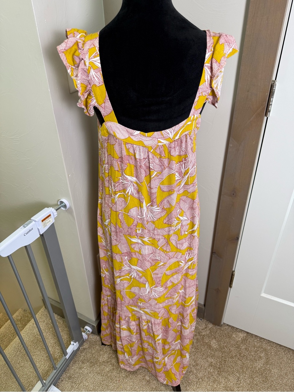 Knox Rose Square Neck Flutter Cap Sleeve Maxi Dress Yellow Pink Floral Tropical - Picture 8 of 12